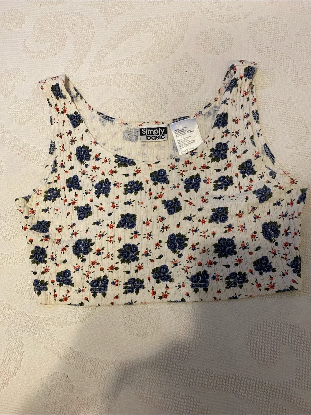 Simply Basic White Floral Ribbed Crop Top with Blue Roses